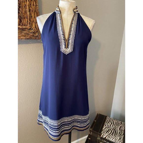 THML Dress Navy Blue S Small A Line Embroidered V Neck Sleeveless Summer - Picture 3 of 8
